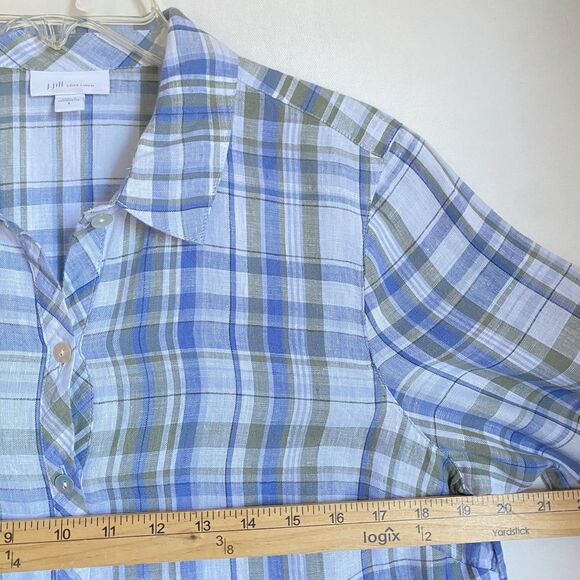 J Jill Love Linen Tunic Shirt S Blue Plaid Roll-Tab Sleeve Coastal Cottagecore - Picture 4 of 11